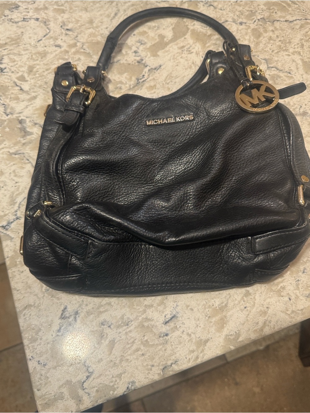 Michael Kors Black Leather Shoulder Hobo with Gold MK Charm